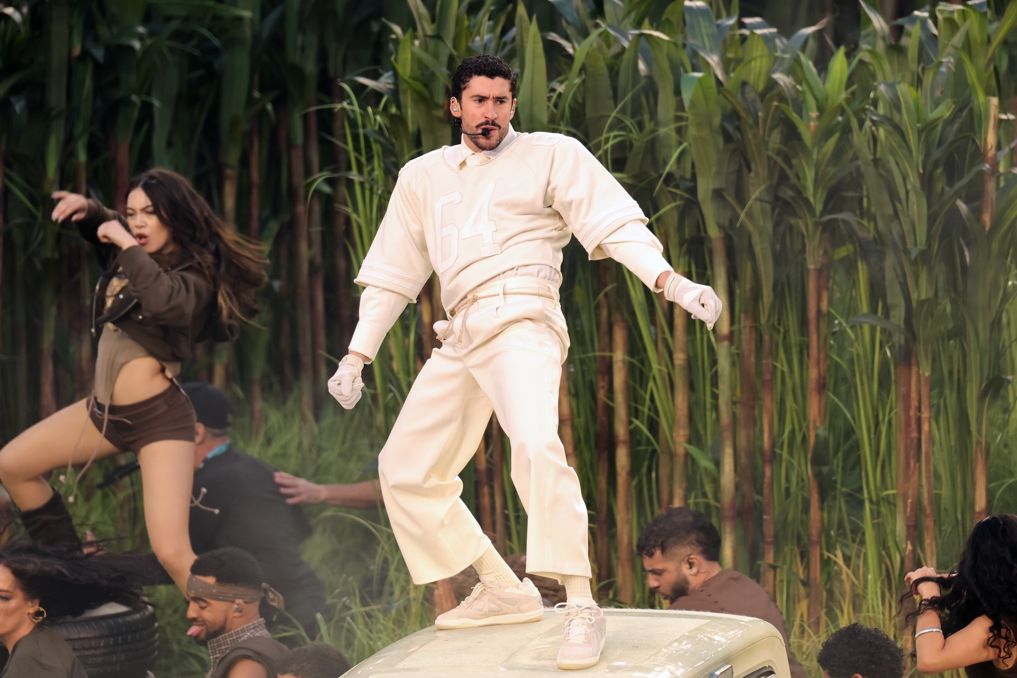 SANTA CLARA, CALIFORNIA - FEBRUARY 08: Bad Bunny performs onstage during the Apple Music Super Bowl LX Halftime Show at Levi's Stadium on February 08, 2026 in Santa Clara, California.