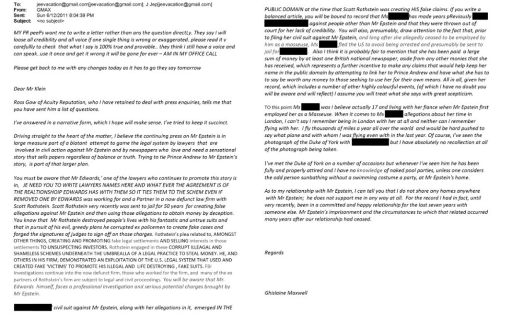 Side by side of Ghislaine Maxwell email to Jeffrey Epstein