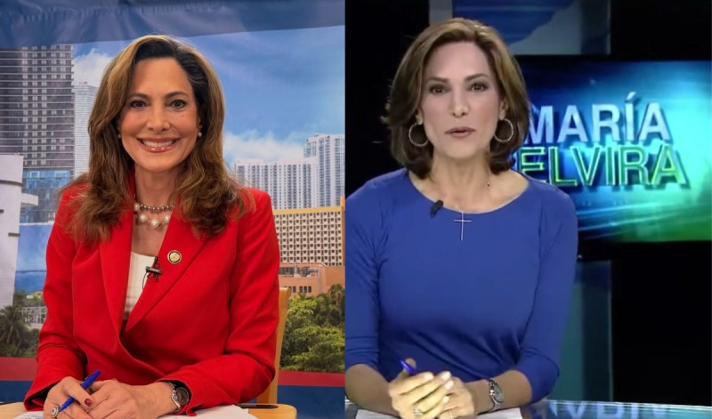side by side photos of Maria Elvira Salazar. She is smiling on the left sitting at a desk wearing a red suite. She is standing before a background of Miami skyline. The photo on the right is her when she was a journalist at CNN. She is wearing a a large cross necklace, a long sleeve blue shirt, and hoops. The TV in the background says Maria Elvira.