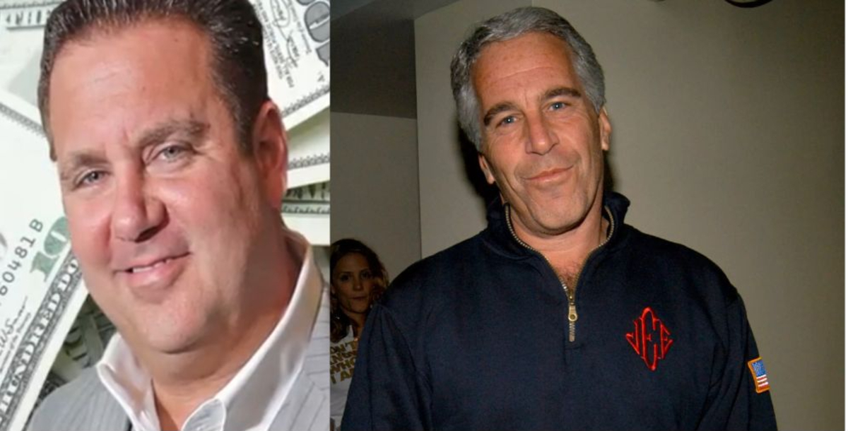 Scott Rothstein with a background of money (left) and a photo of Jeffrey Epstein wearing navy quarter zip with his red monogram initials on the left side of his chest.