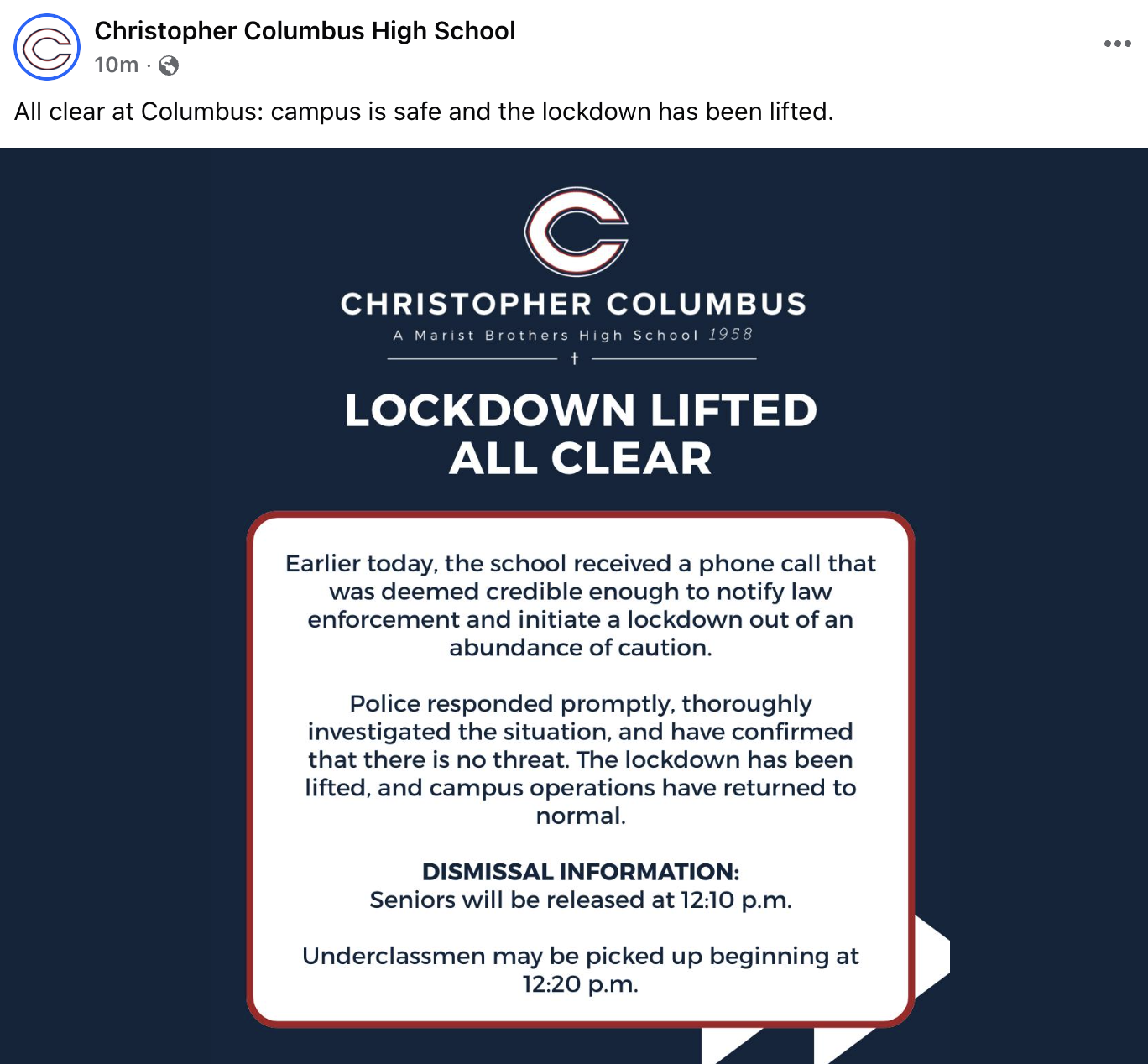 Screenshot of a Facebook announcement by Christopher Columbus HIgh School