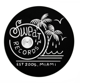 Photo of a slipmat with a Sweat Records logo.