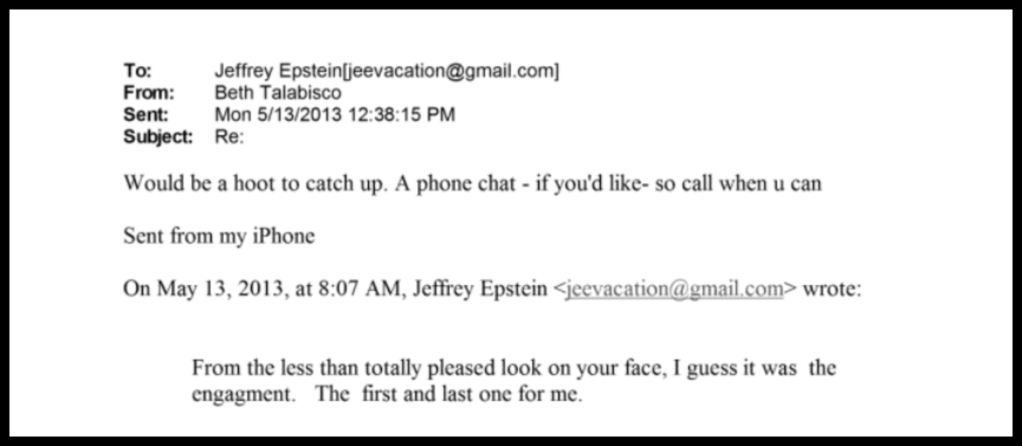 Screenshots of emails between Jeffrey Epstein and Beth Talabisco.
