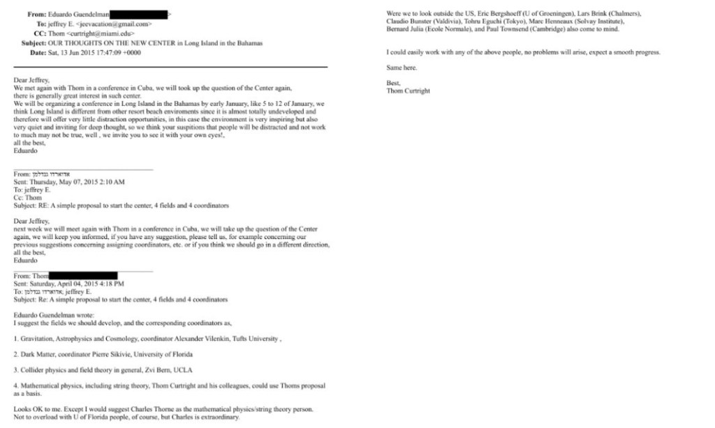 Side by side screenshot of emails between Epstein, Thomas Curtright and Eduardo Guendelman