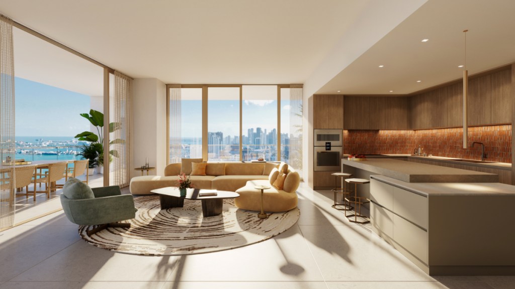Modern kitchen and dining room in the Miami Tropic Residences