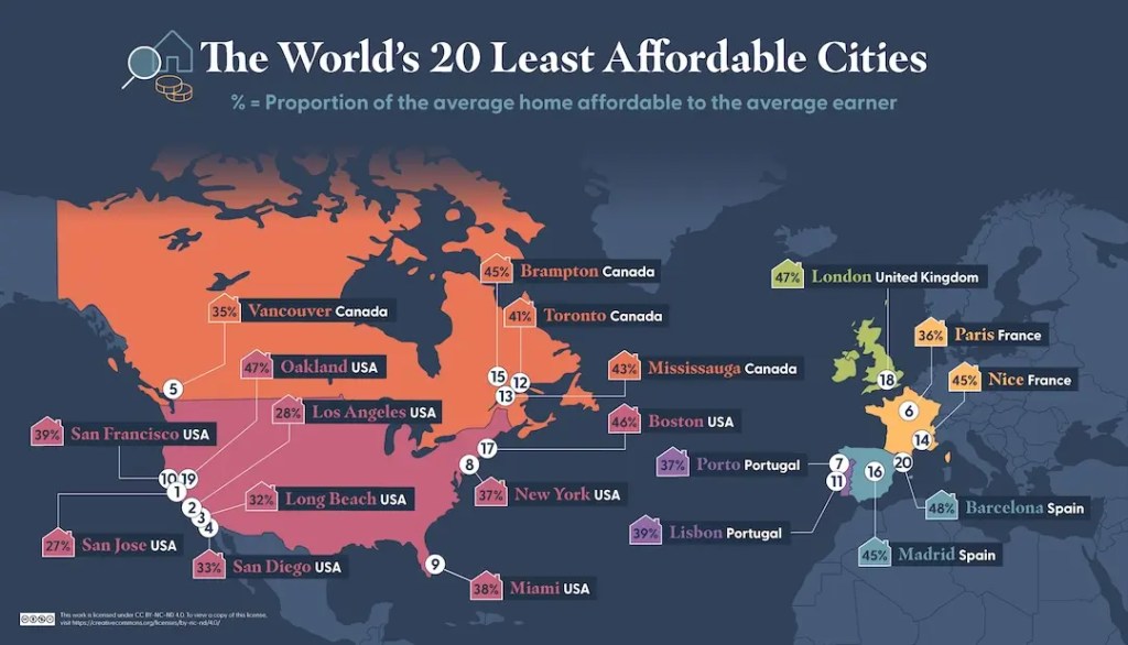 a world map depicting the most unaffordable cities for homebuyers