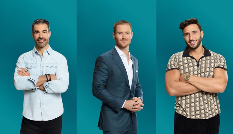 Collage of three headshots of three contestants on Netflix's Age of Attraction. Left to right: William Bosch, John Merrill, and Chris Dahlan.