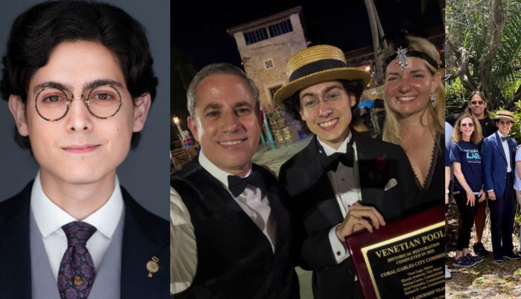 a collage of a young man with black hair wearing glasses, a group of three people posing for a photo, and a group of people smiling for the camera at a political event