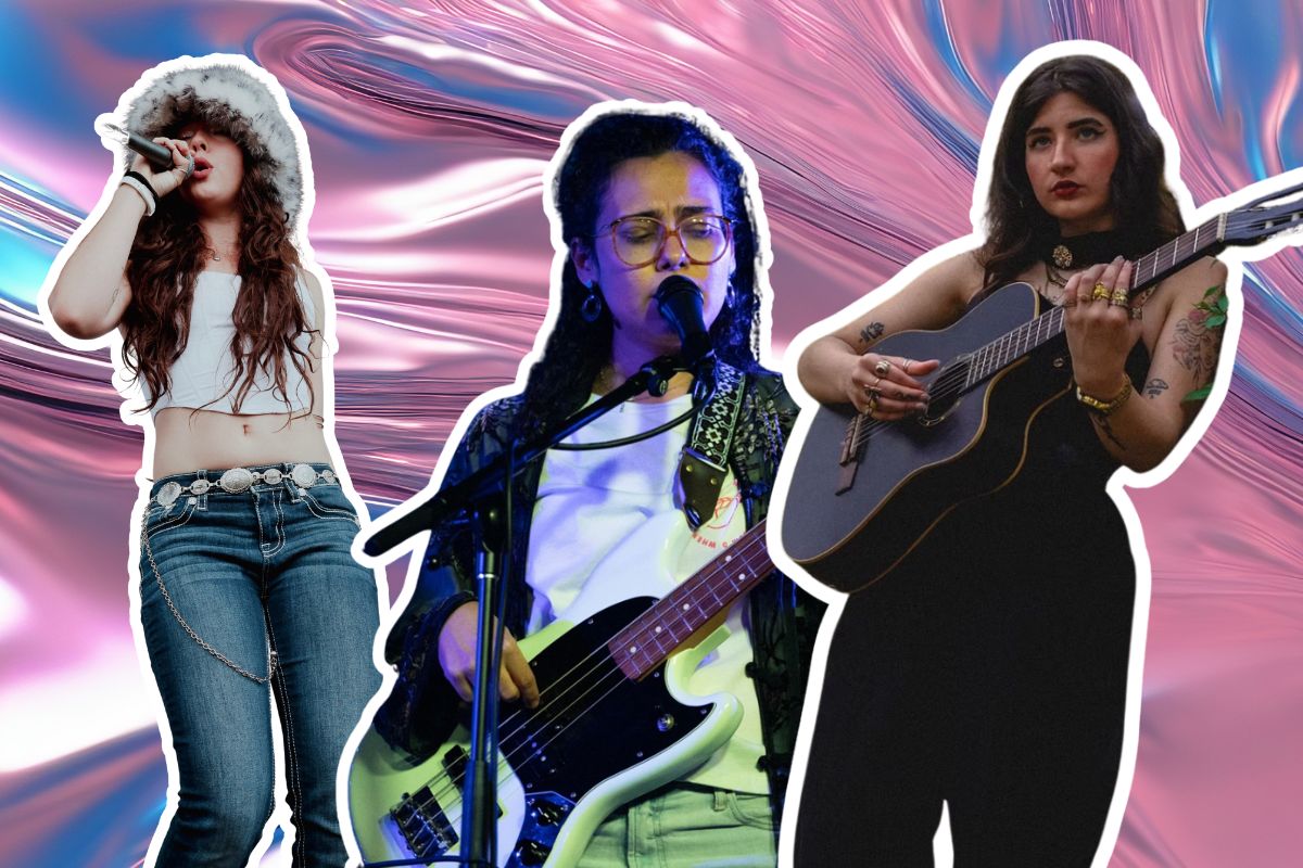Collage of three young women playing guitar and singing