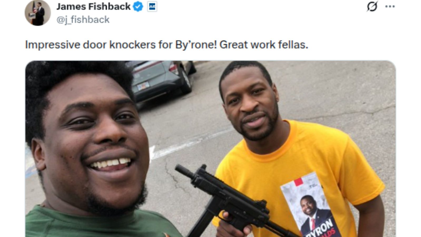 Photo of James Fishback's tweet of an AI-doctored photo showing two Black men campaigning for Byron Donalds. One of the man closely resembles George Floyd and is holding a gun.
