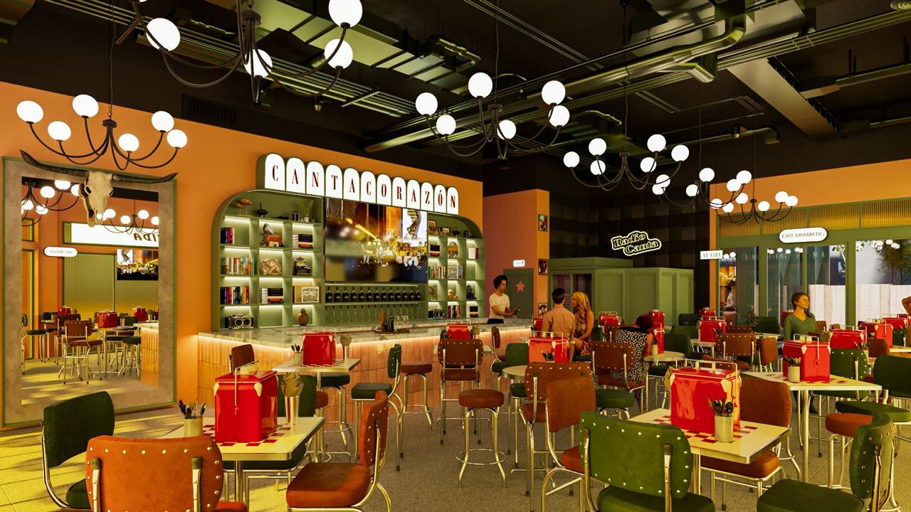 a new mexican restaurant interior with chairs and lights