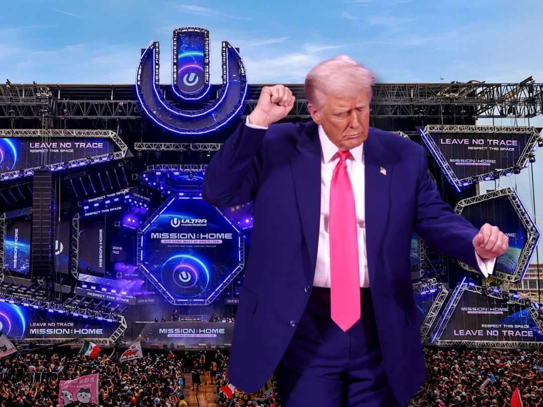 photo collage showing a photo of Donald Trump dancing overlayed over a photo of the main stage at Ultra Music Festival