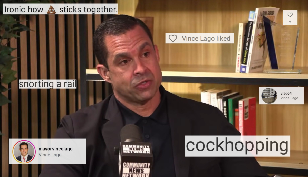 Vince Lago speaks into a microphone. Screenshots from Instagram and Substack surround him in the image.