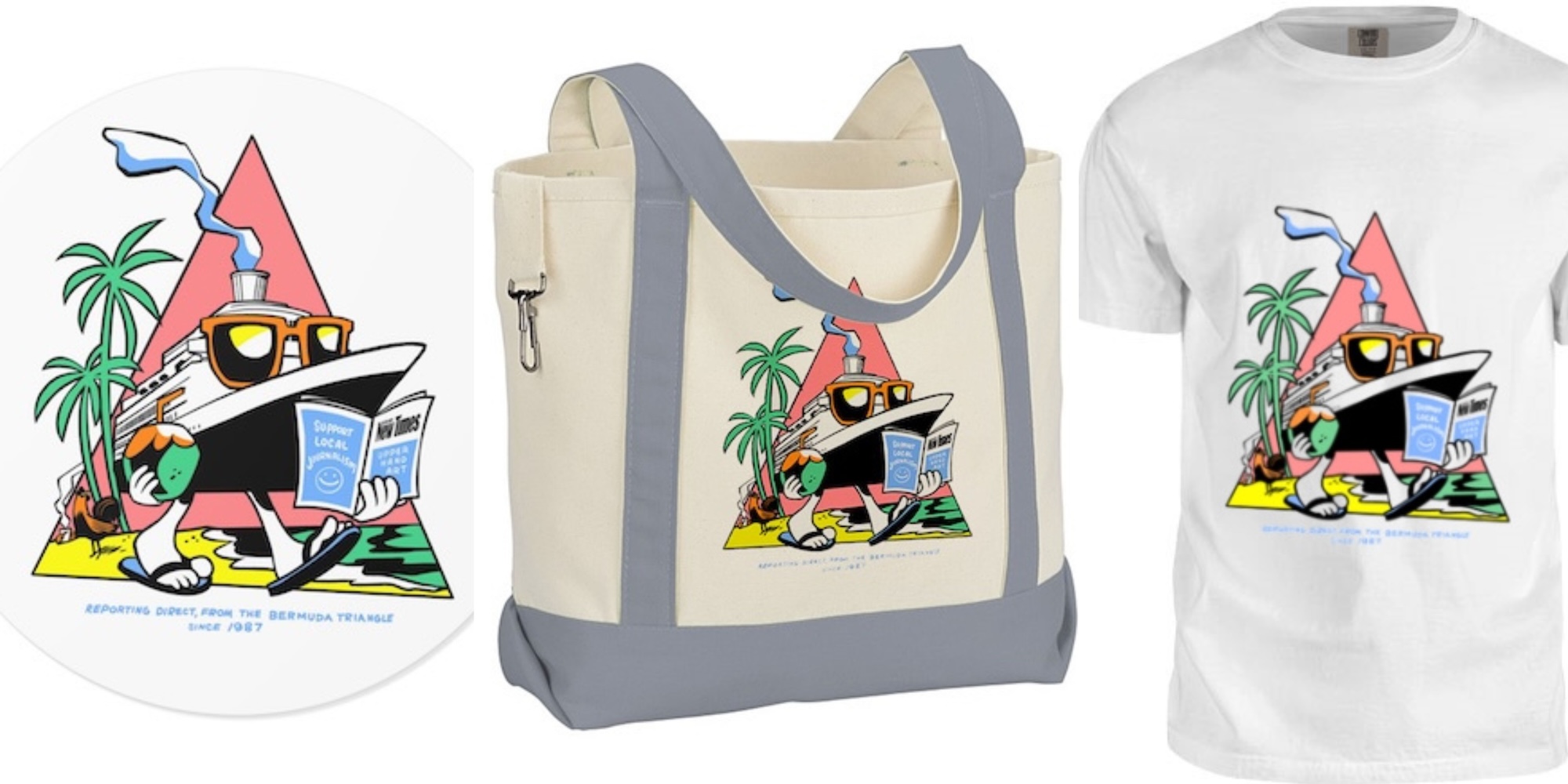 triptych collage showing three pieces of merch (a sticker, tote bag, and t-shirt) depicting a logo of a cartoon cruise ship reading a newspaper in a tropical environment