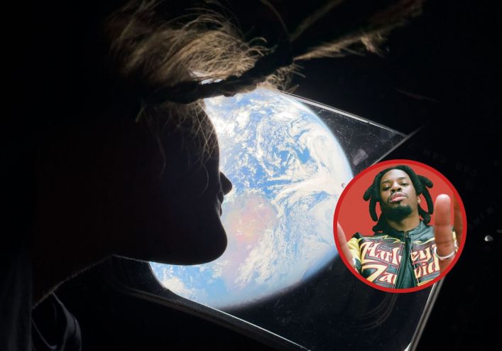 Collage of the crew at Artemis II and Denzel Curry