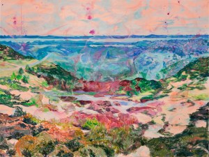 image of an impressionistic, watercolor-style painting showing what appears to be a beachy landscape