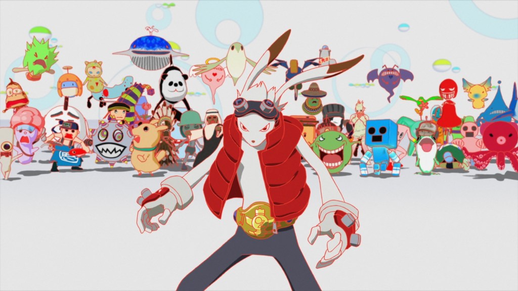 film still of a cartoon flanked by cartoons behind him