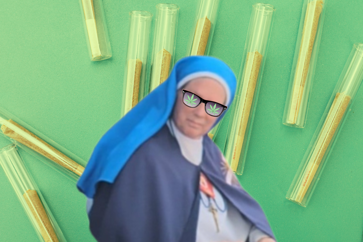 A photoshopped image of a nun wearing glasses with marijuana leafs; the background is a photo of several pre-rolled joints.