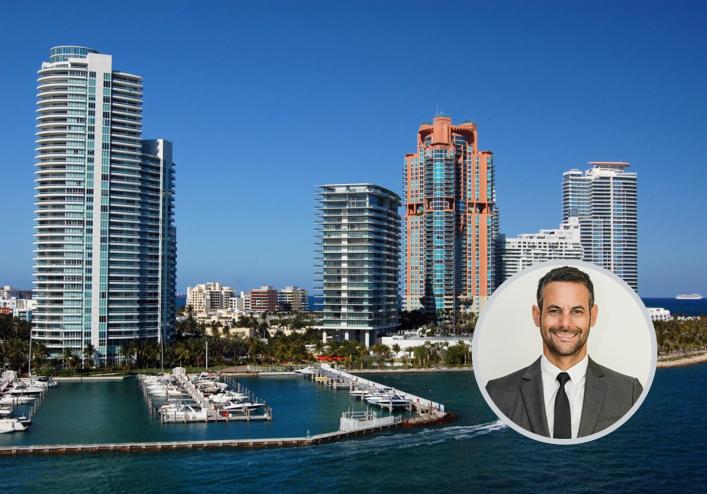 Skyscrapers overlook a beach with a man's head overlaid