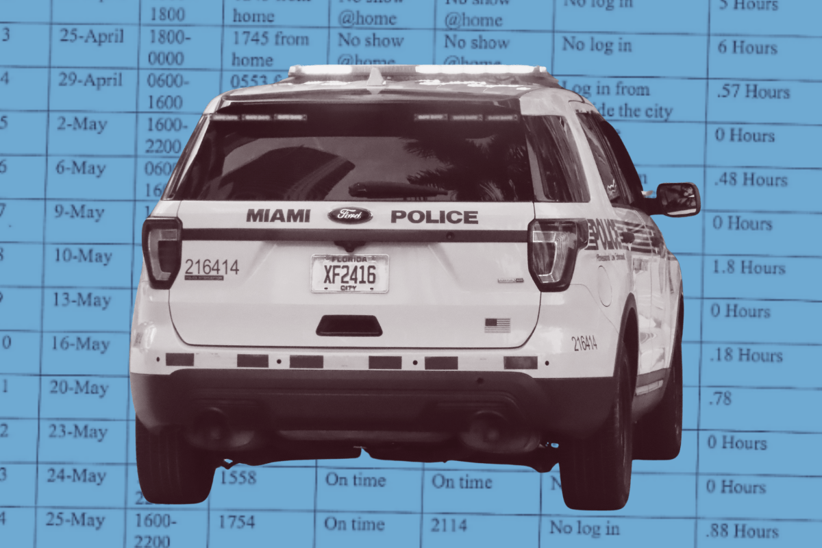 An edited image of a Miami Police car over a blue-filtered screenshot of a timesheet.