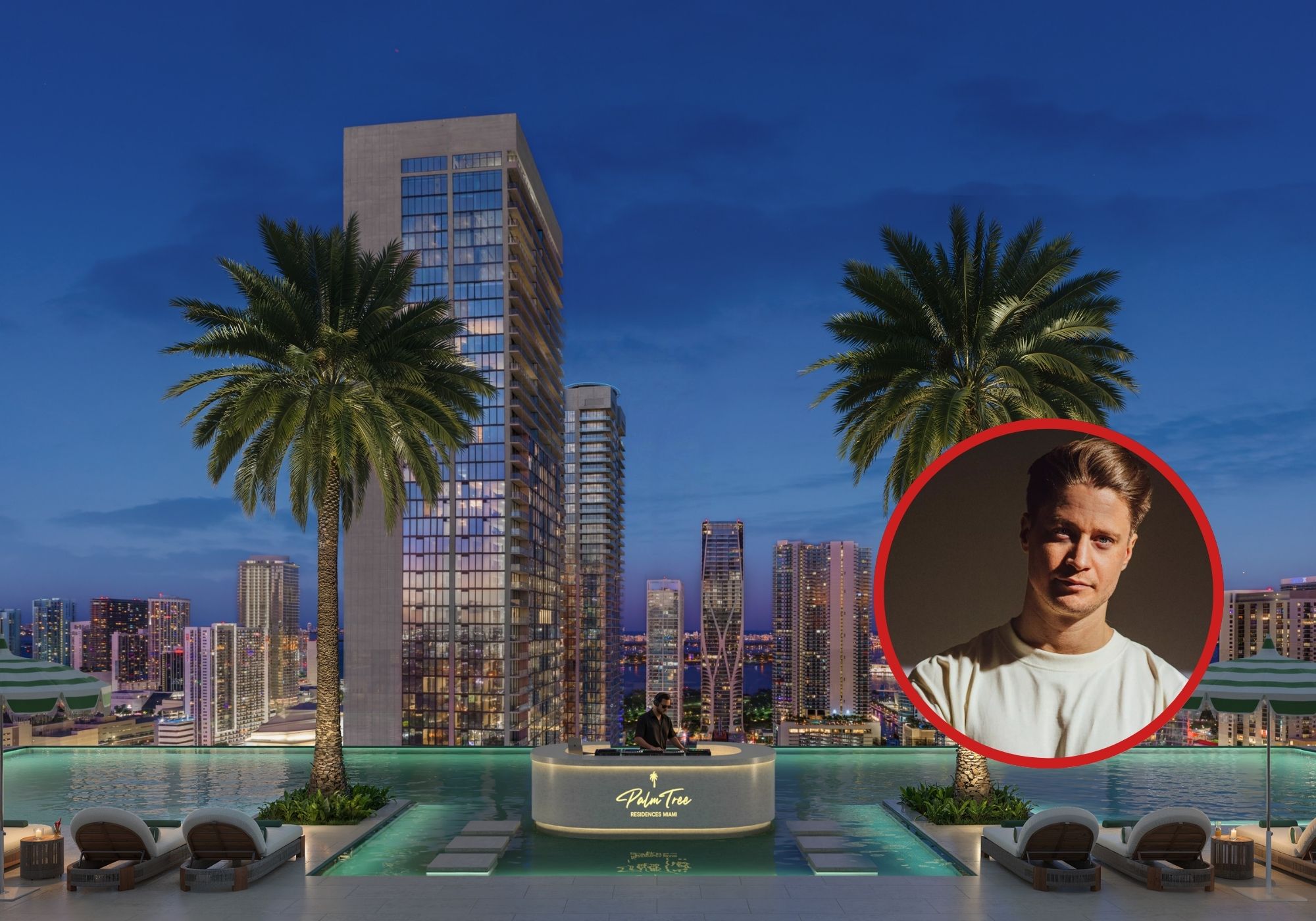 Collage of Palm Tree Residences in Miami and a photo of Kygo.