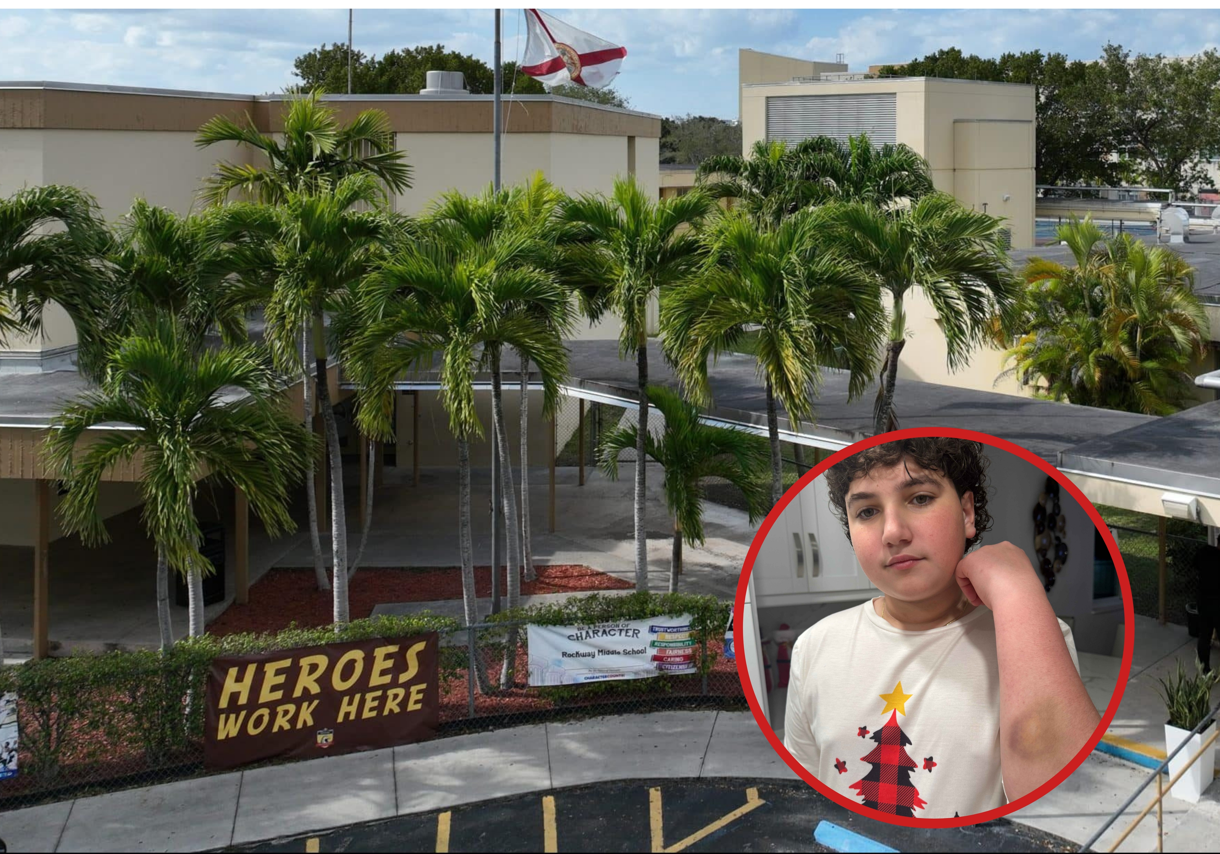 palm trees sit in front of a middle school with the photo of a boy overlaid