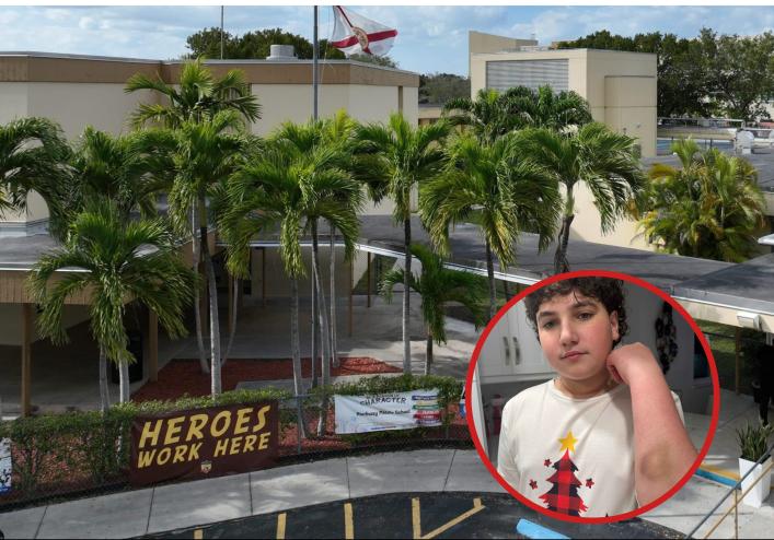 palm trees sit in front of a middle school with the photo of a boy overlaid