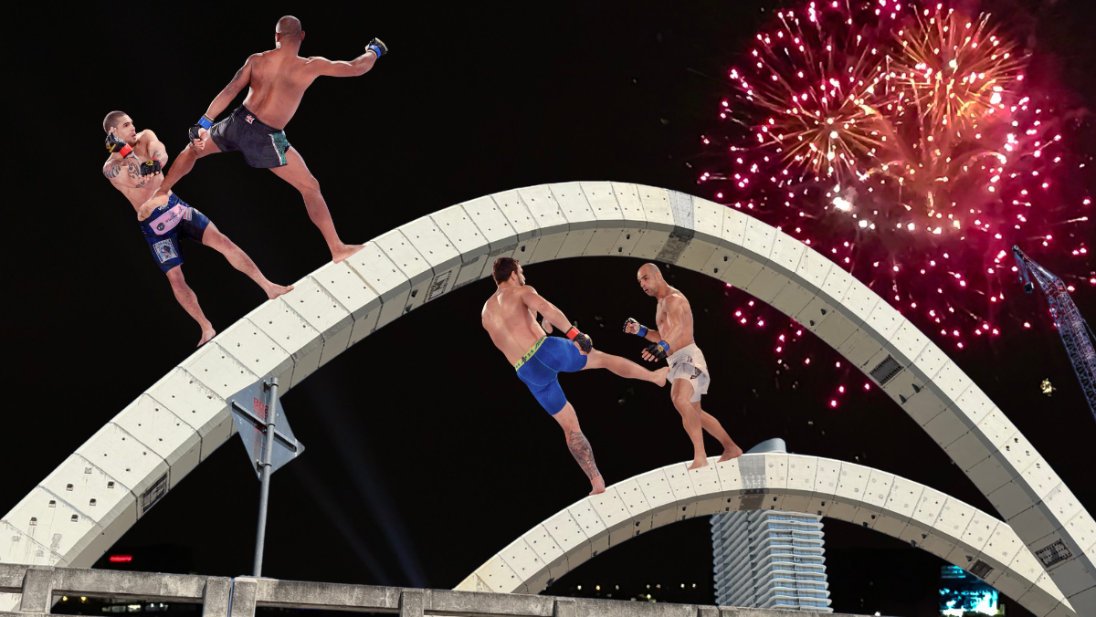 A photoshopped image of mixed martial arts fighters atop the Signature Bridge in Miami.