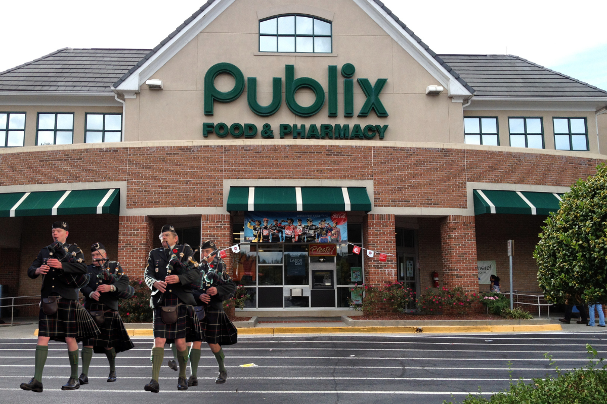 A photoshopped image of bagpipers outside of a Publix.