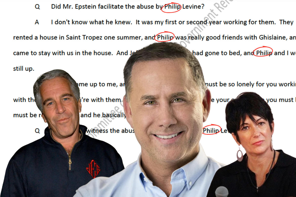 Illustration of Jeffrey Epstein, Philip Levine and Ghislaine Maxwell over an interview transcript.