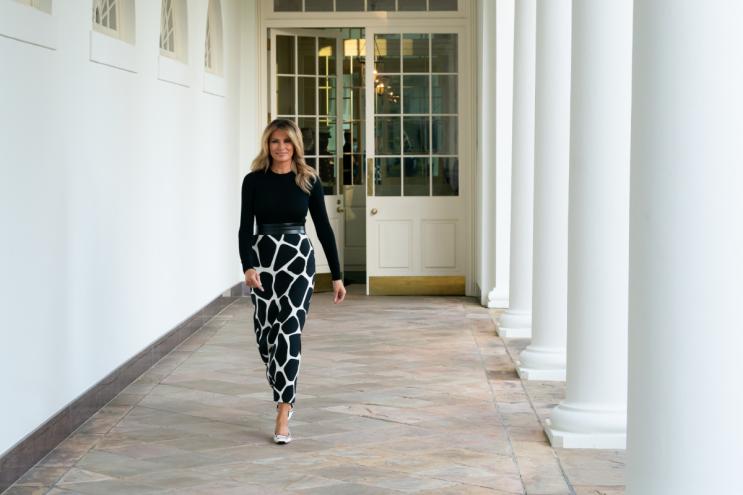 A photo of a woman in business casual attire walking on the White House grounds.