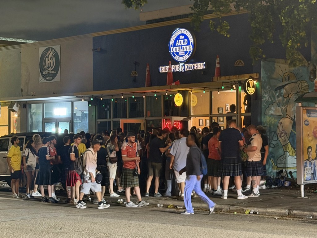 photo of a crowd in front of a bar named Auld Dubliner in Miami