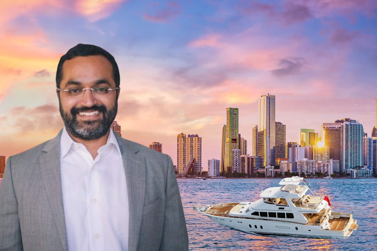 photo of a tanned man wearing a grey blazer and white shirt over a background of the miami skyline and a yacht on the water