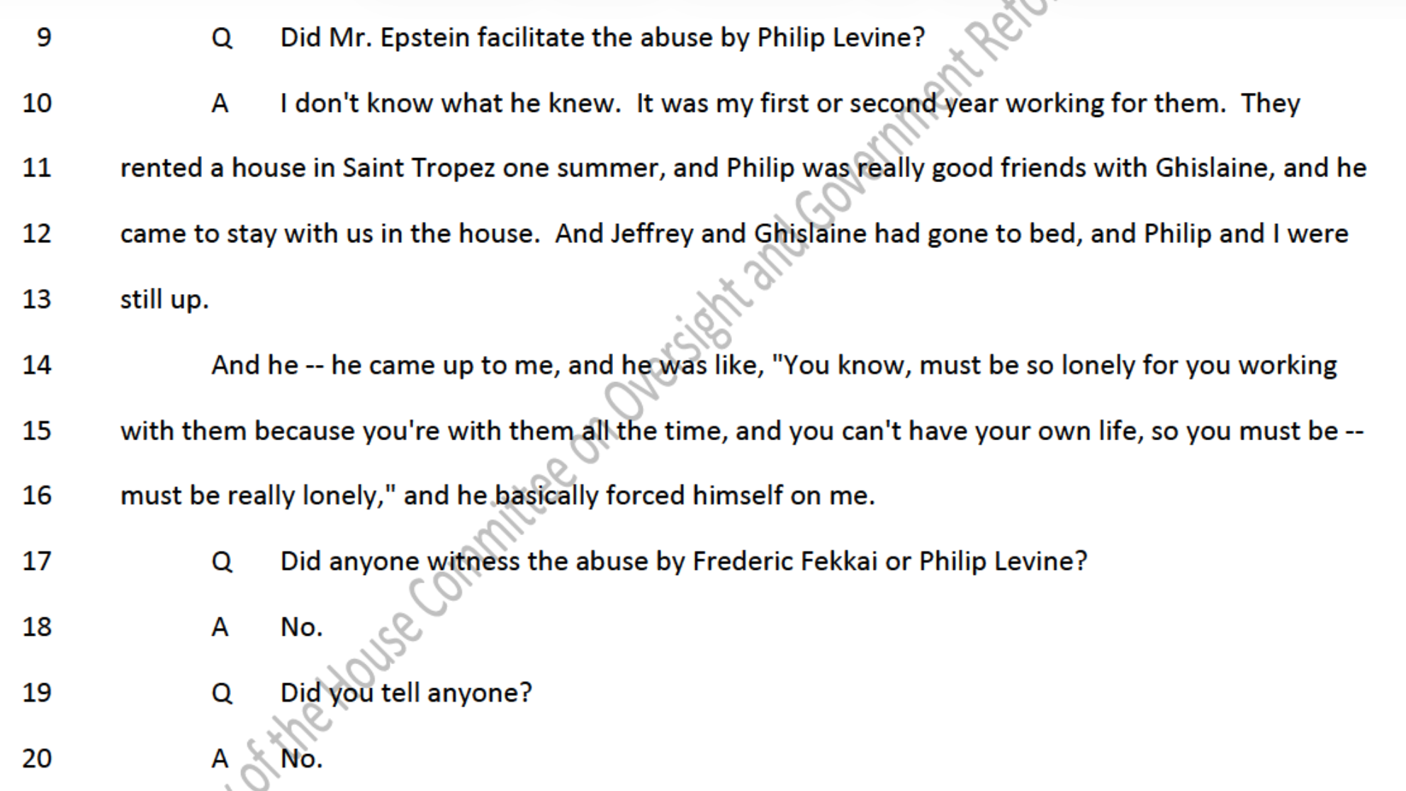 Image of a Committee on Oversight and Government Reform  transcript of Sarah Kellen’s interview regarding Jeffrey Epstein and Philip Levine.