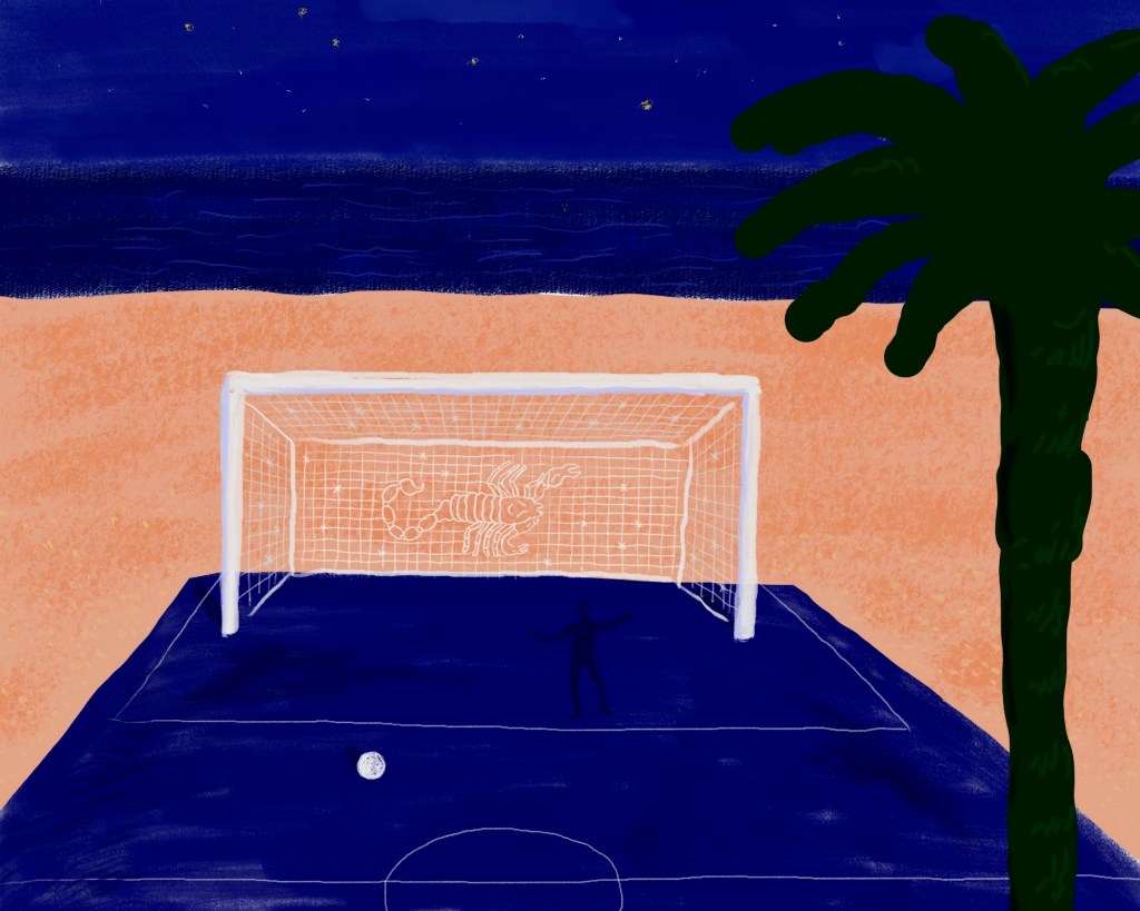 painting of a soccer net on a blue court in front of the ocean