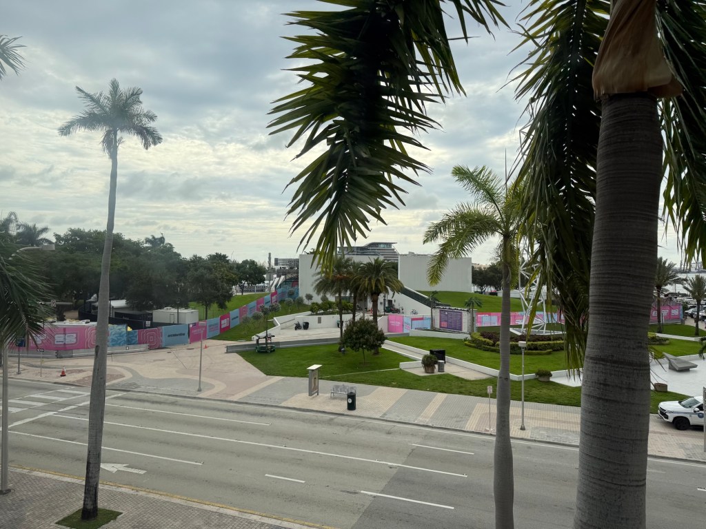 bird's-eye view of Bayfront Park from the Metrorail station with palm trees in the foreground