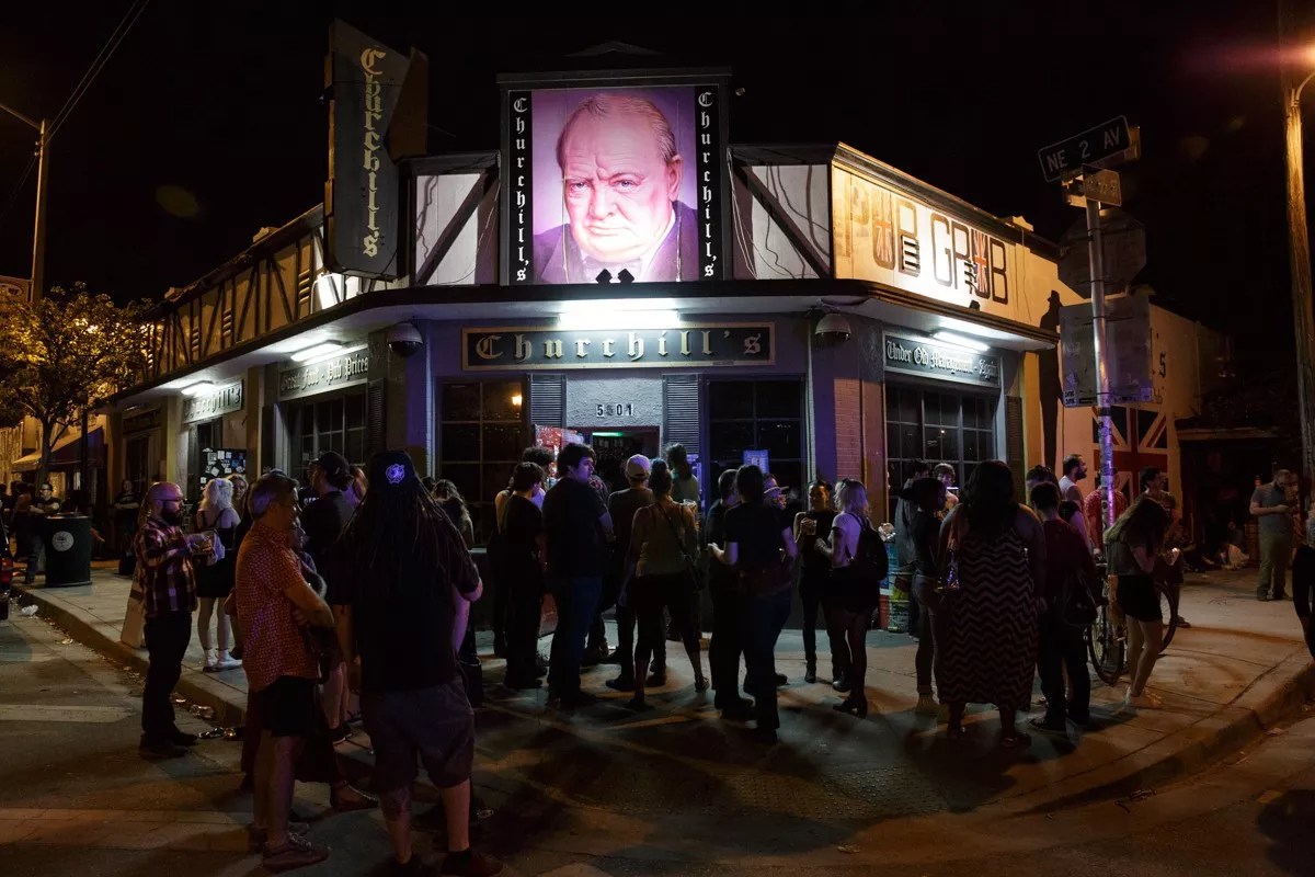 The façade of Miami dive bar Churchill's Pub
