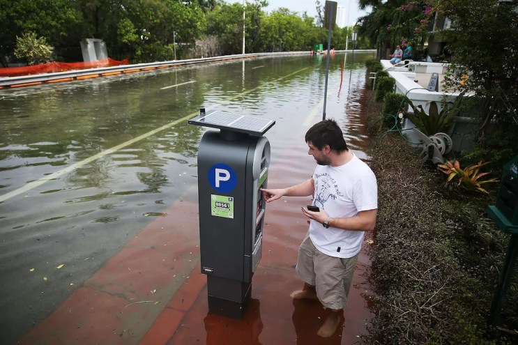 Man pays for parking at pay by phone meter on a flooded street