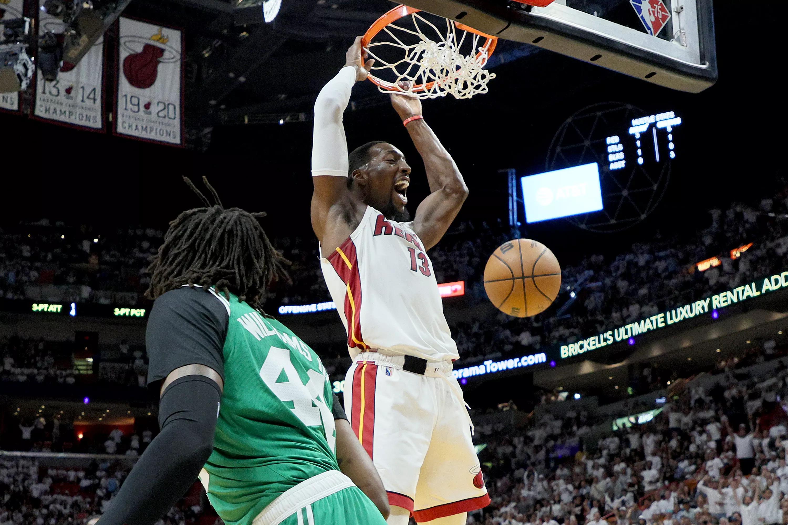 photo of basketball player Bam Adebayo slam-dunking a basketball