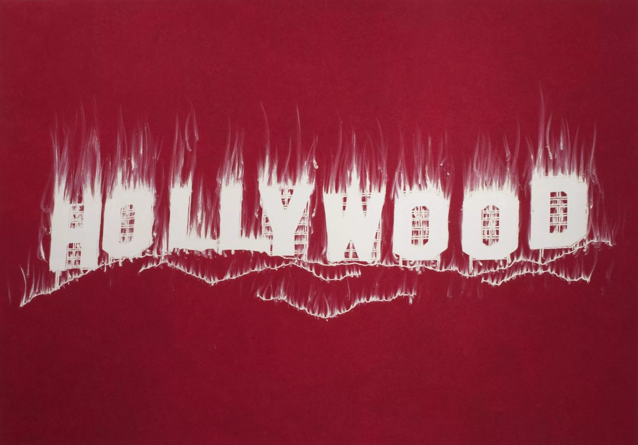 Artwork by Gary Simmons with the word Hollywood in white letters on a red background