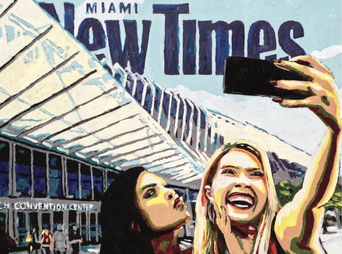 Detail of Tom Carlson's paint-by-numbers cover of the November 30, 2023, cover of the Miami New Times print edition, which depicts two women taking a selfie outside the Miami Beach Convention Center.