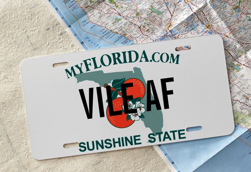 Customized Florida license plate that reads, "VILE AF"