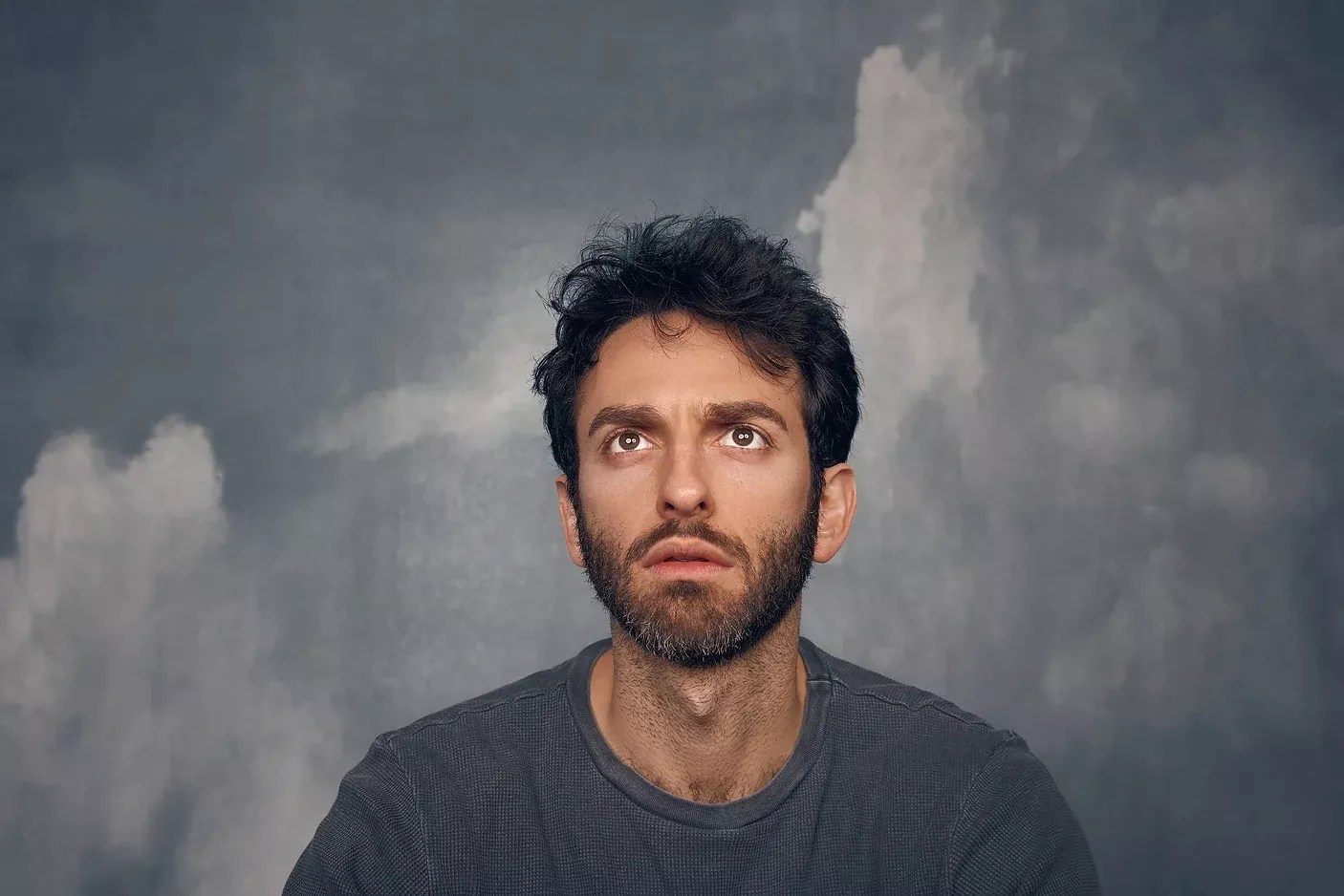 Comedian Gianmarco Soresi looking up