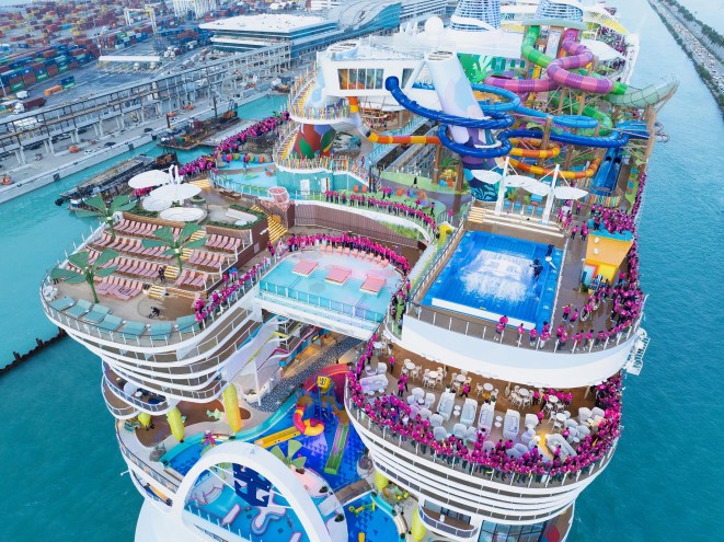 An aerial view of the largest cruise ship in the world