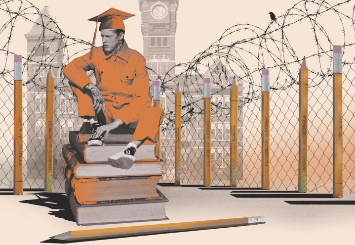 Photo-realistic illustration of an incarcerated man dressed in a prison jumpsuit that doubles as a graduation robe, complete with mortarboard, seated on a stack of textbooks and surrounded by razor-wire fencing. In the distance: a blazing orange sun and a building that looks like a college hall.