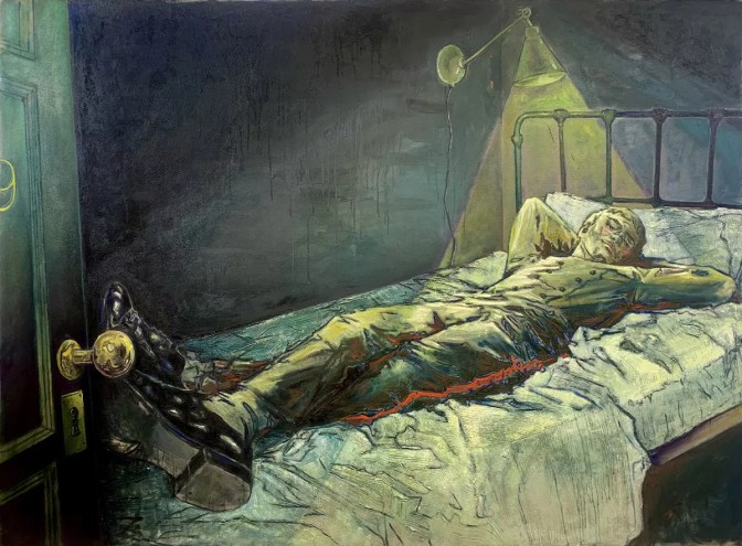 Painting of a cadet laying on a bed.