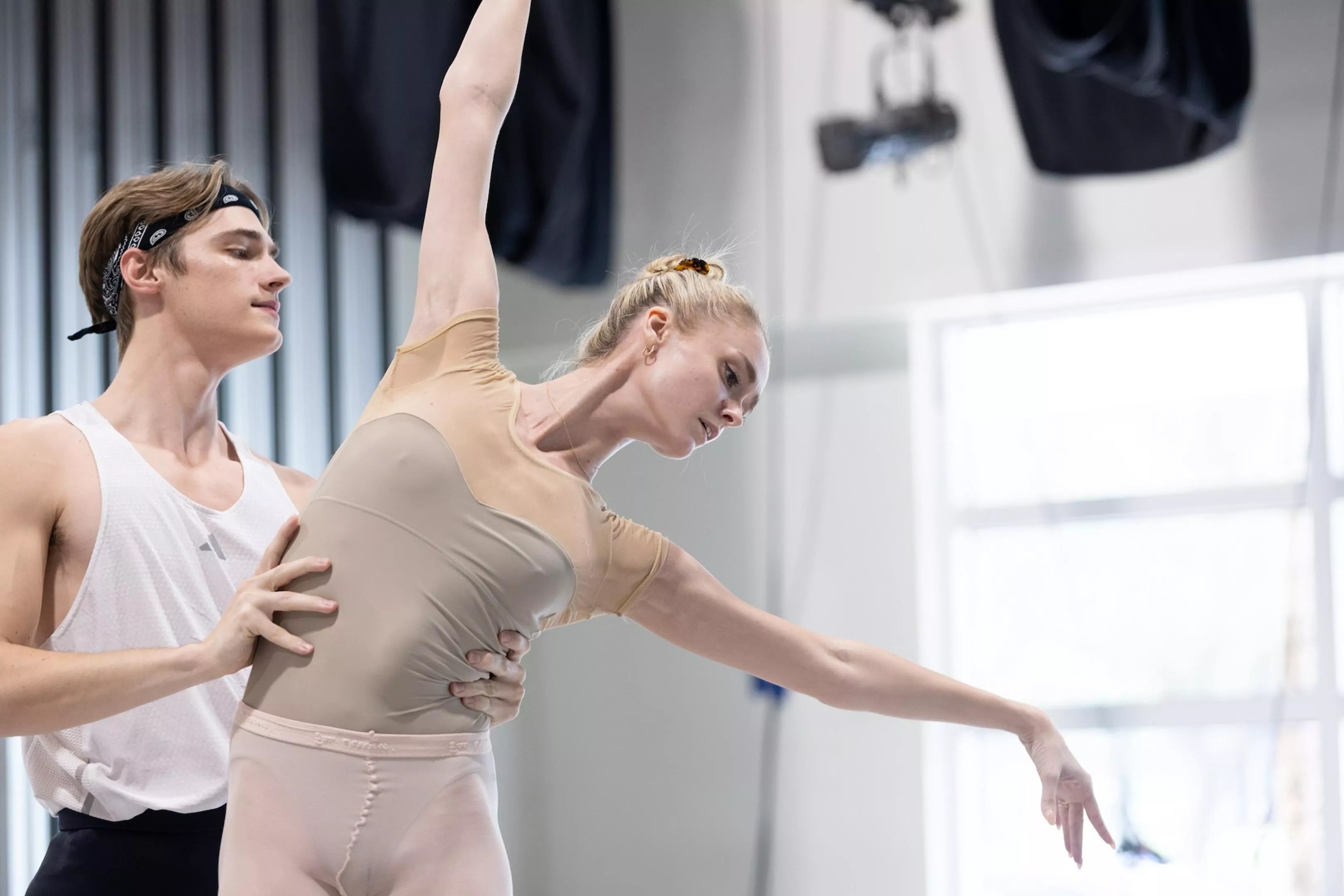 Ballet dancers Cameron Catazaro and Hannah Fischer rehearsing