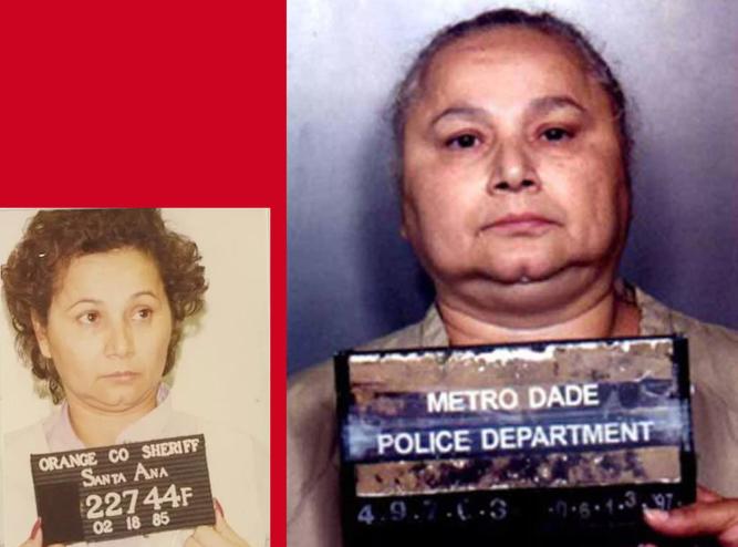 two mug shots of Griselda Blanco, one from Orange County in 1985, the other from Miami-Dade County from 1997