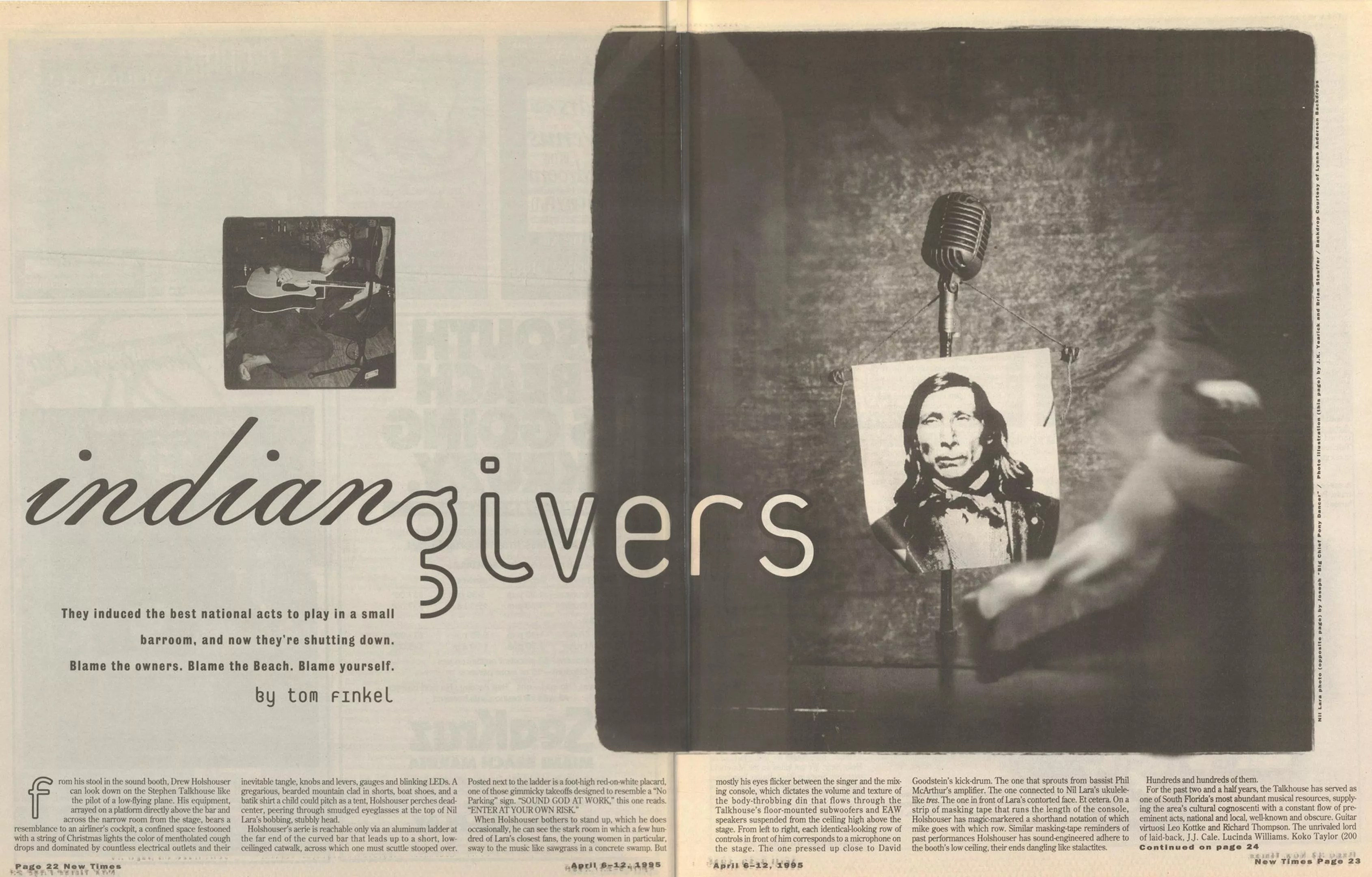 Reproduction of a tabloid newspaper feature spread, showing a blurred shadowy figure hurrying away from an old-style stand microphone from which hangs an archival photo of a Native American
