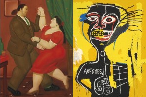 Fernando Botero's "Dancer" features a pair of rotund dancers; Jean-Michel Basquiat's "Cabeza" features a black figure on a bright yellow background